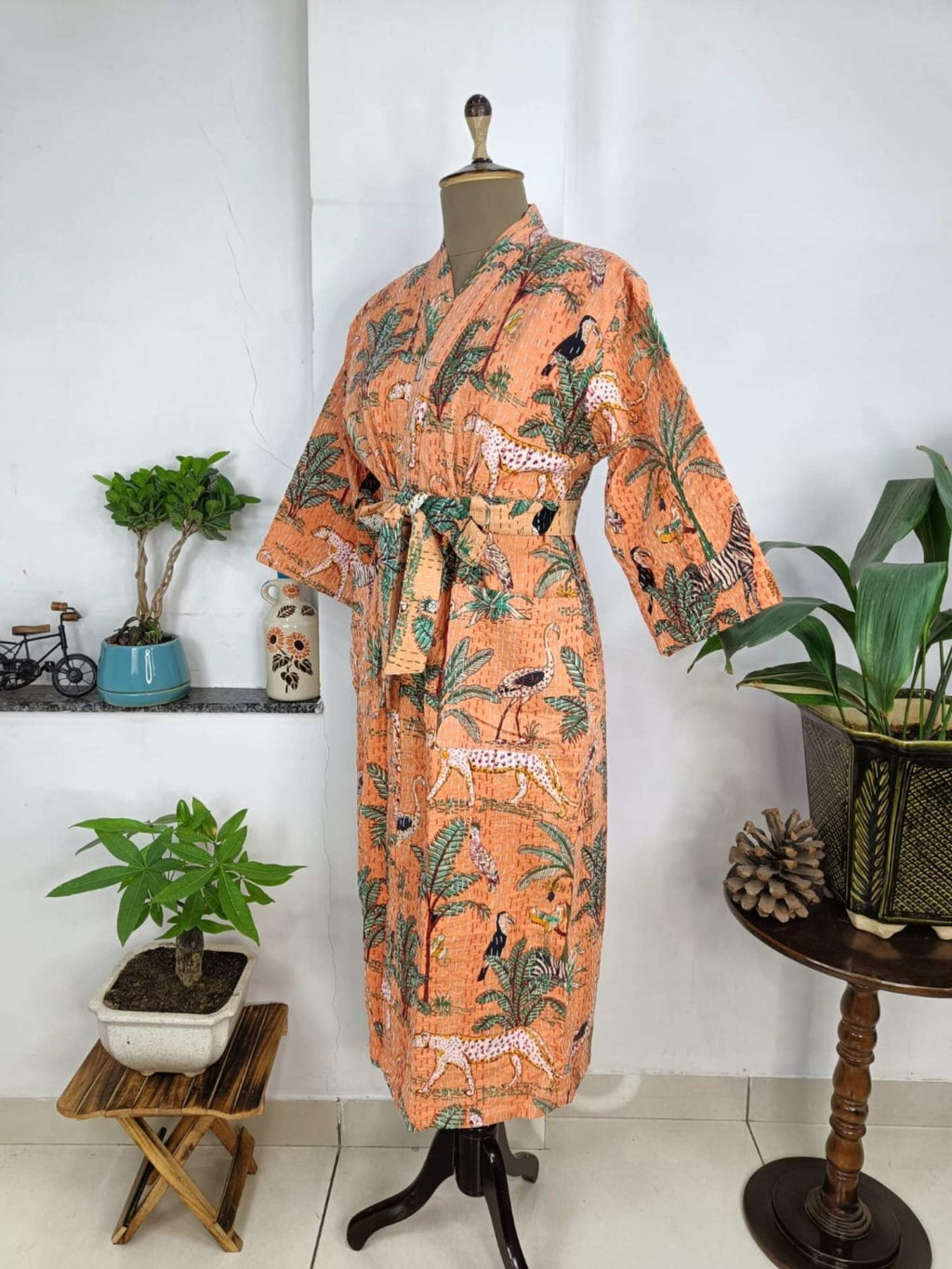 Women's reversible Kantha-stitched block-printed Cotton Kimono Robe