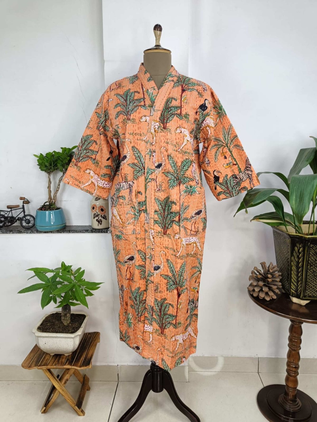 Women's reversible Kantha-stitched block-printed Cotton Kimono Robe
