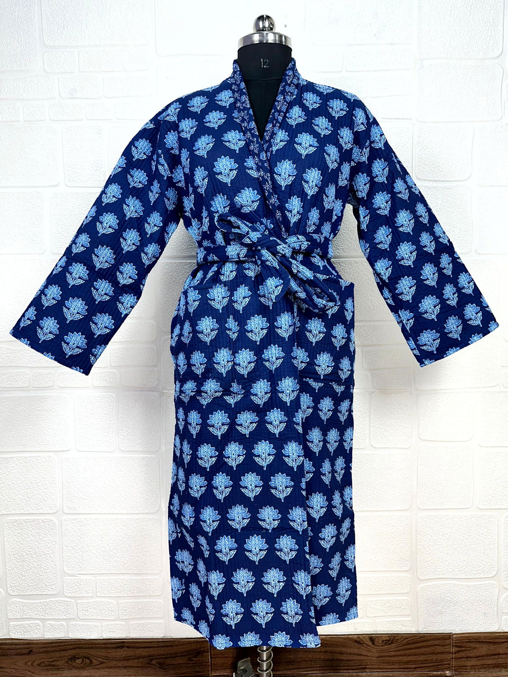 Unisex reversible Kantha-stitched block-printed Cotton Kimono Robe in green striped