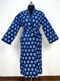Unisex reversible Kantha-stitched block-printed Cotton Kimono Robe in green striped
