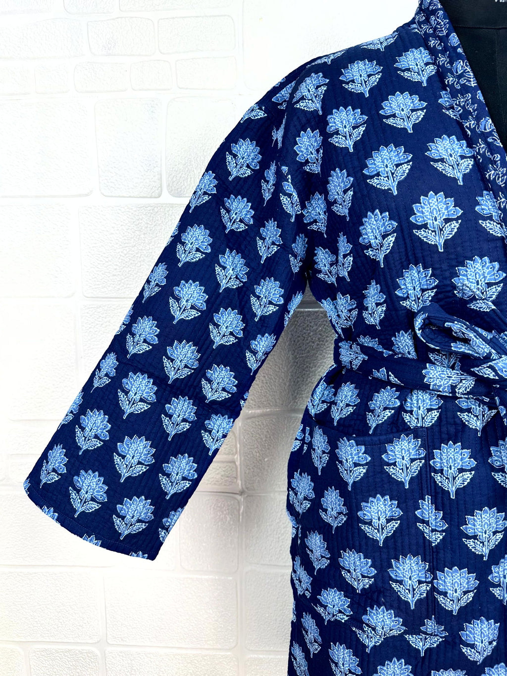 Unisex reversible Kantha-stitched block-printed Cotton Kimono Robe in green striped