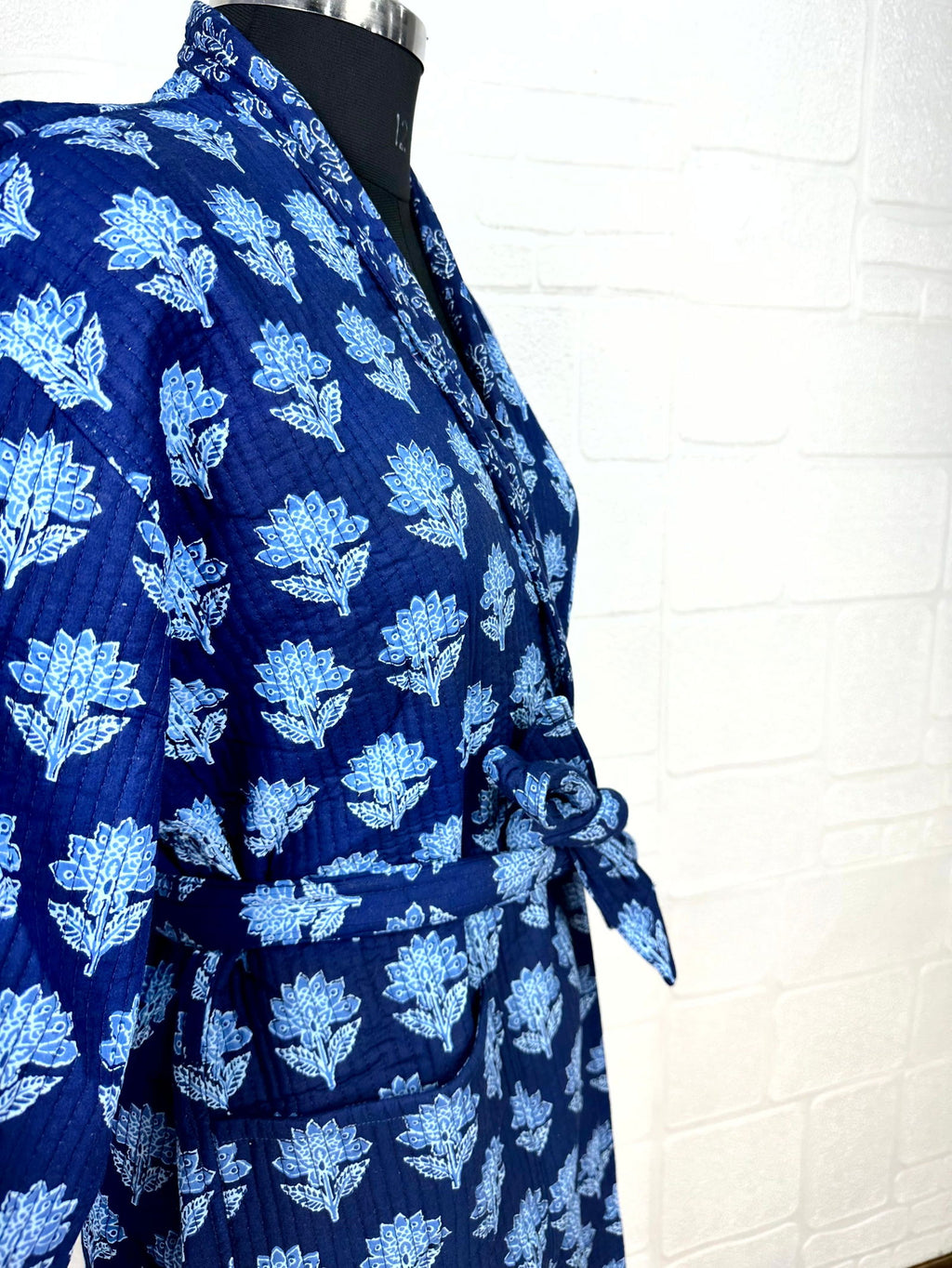 Unisex reversible Kantha-stitched block-printed Cotton Kimono Robe in green striped