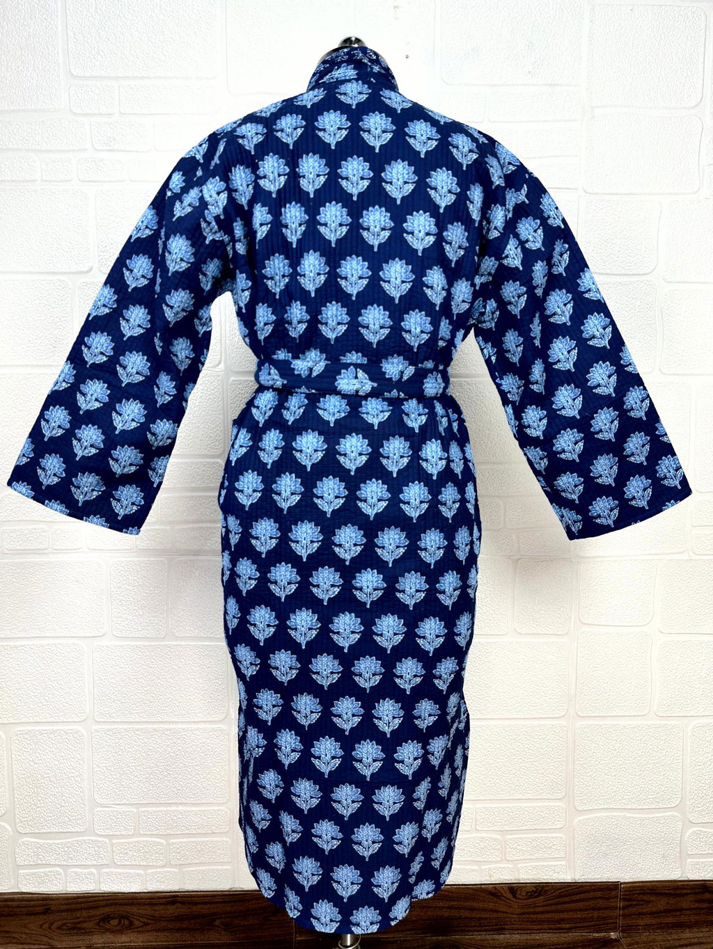 Unisex reversible Kantha-stitched block-printed Cotton Kimono Robe in green striped