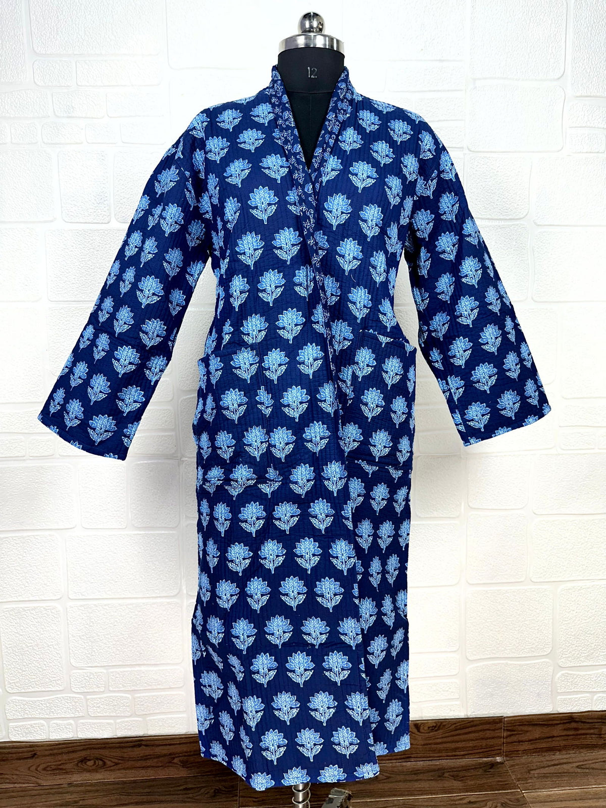 Unisex reversible Kantha-stitched block-printed Cotton Kimono Robe in green striped