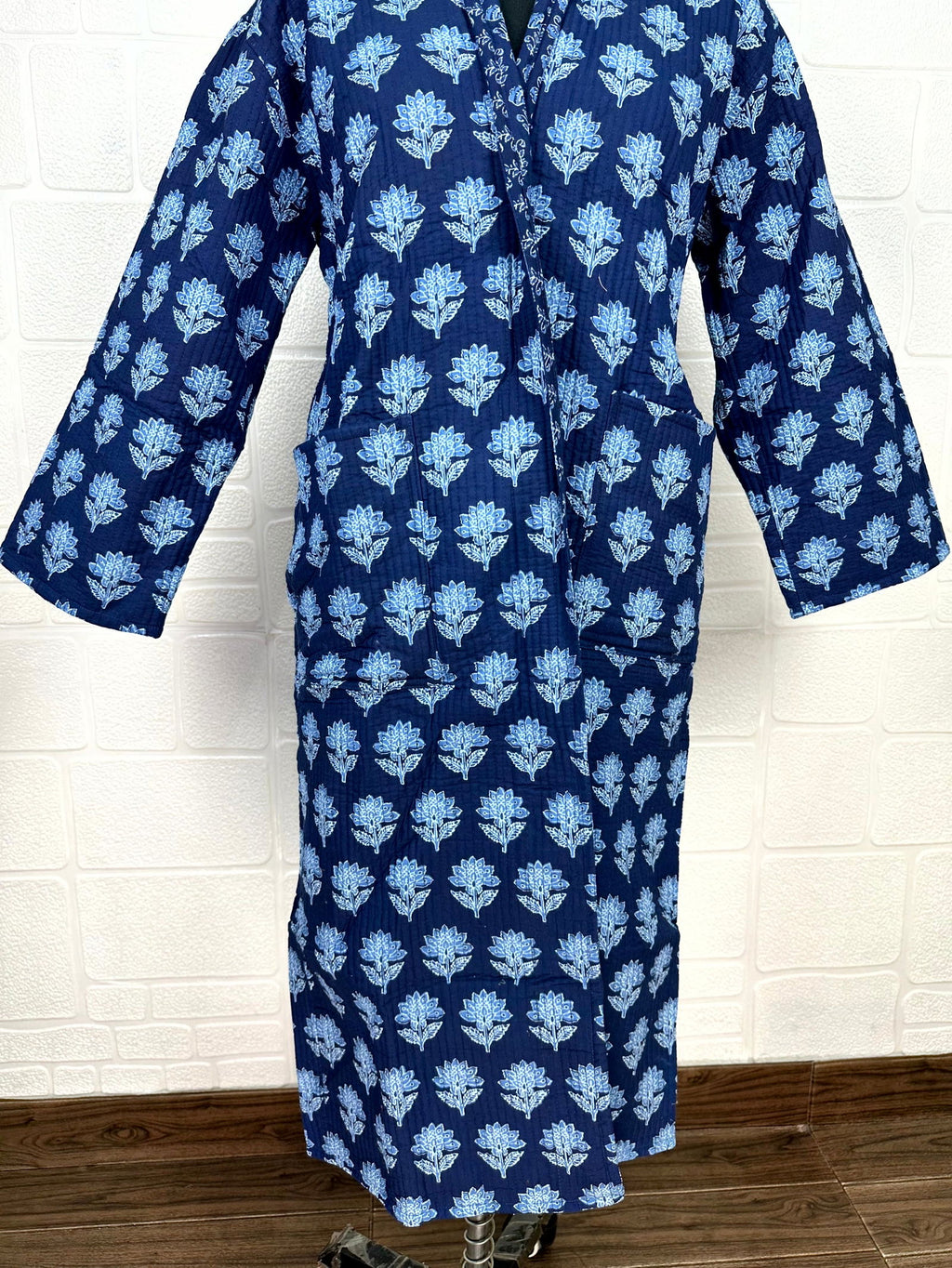 Unisex reversible Kantha-stitched block-printed Cotton Kimono Robe in green striped