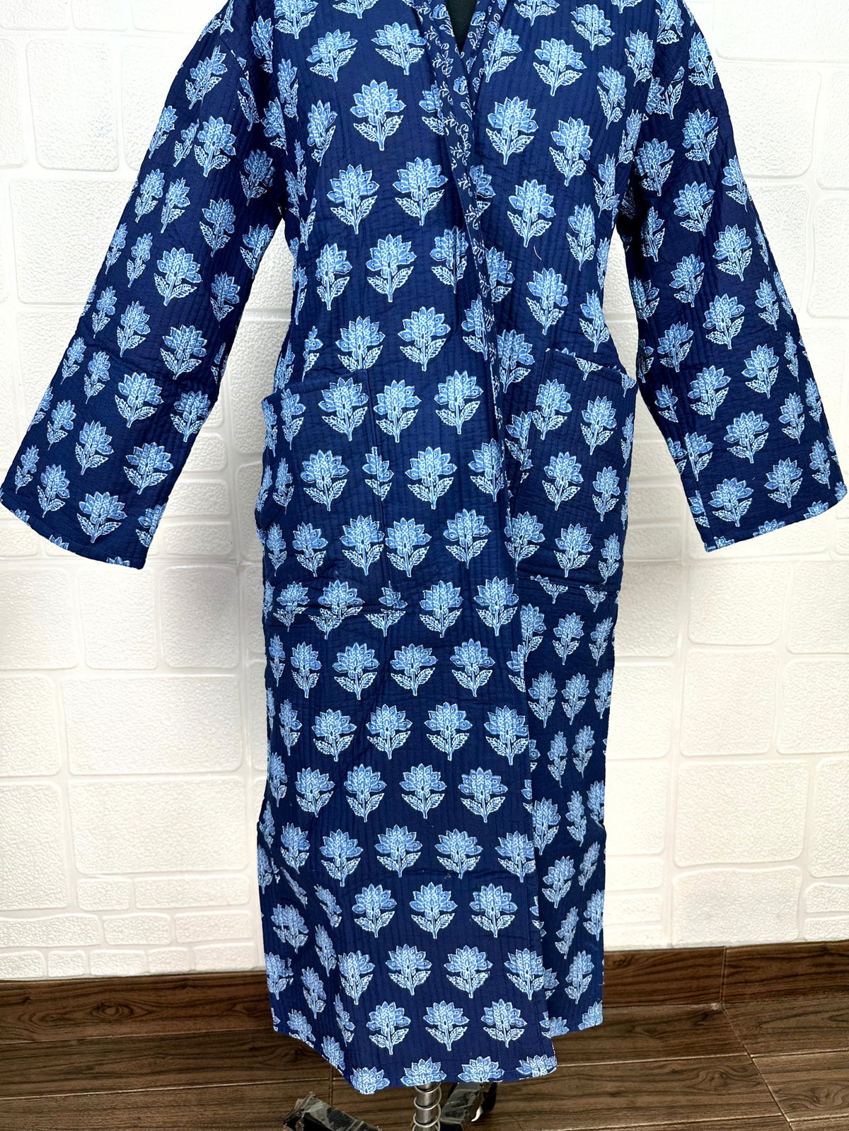 Unisex reversible Kantha-stitched block-printed Cotton Kimono Robe in green striped