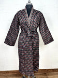 Unisex reversible Kantha-stitched block-printed Cotton Kimono Robe in green striped
