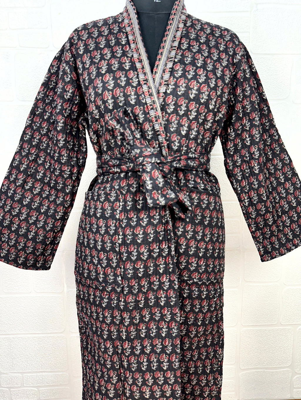 Unisex reversible Kantha-stitched block-printed Cotton Kimono Robe in green striped