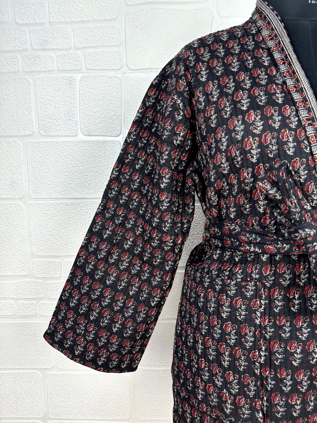 Unisex reversible Kantha-stitched block-printed Cotton Kimono Robe in green striped