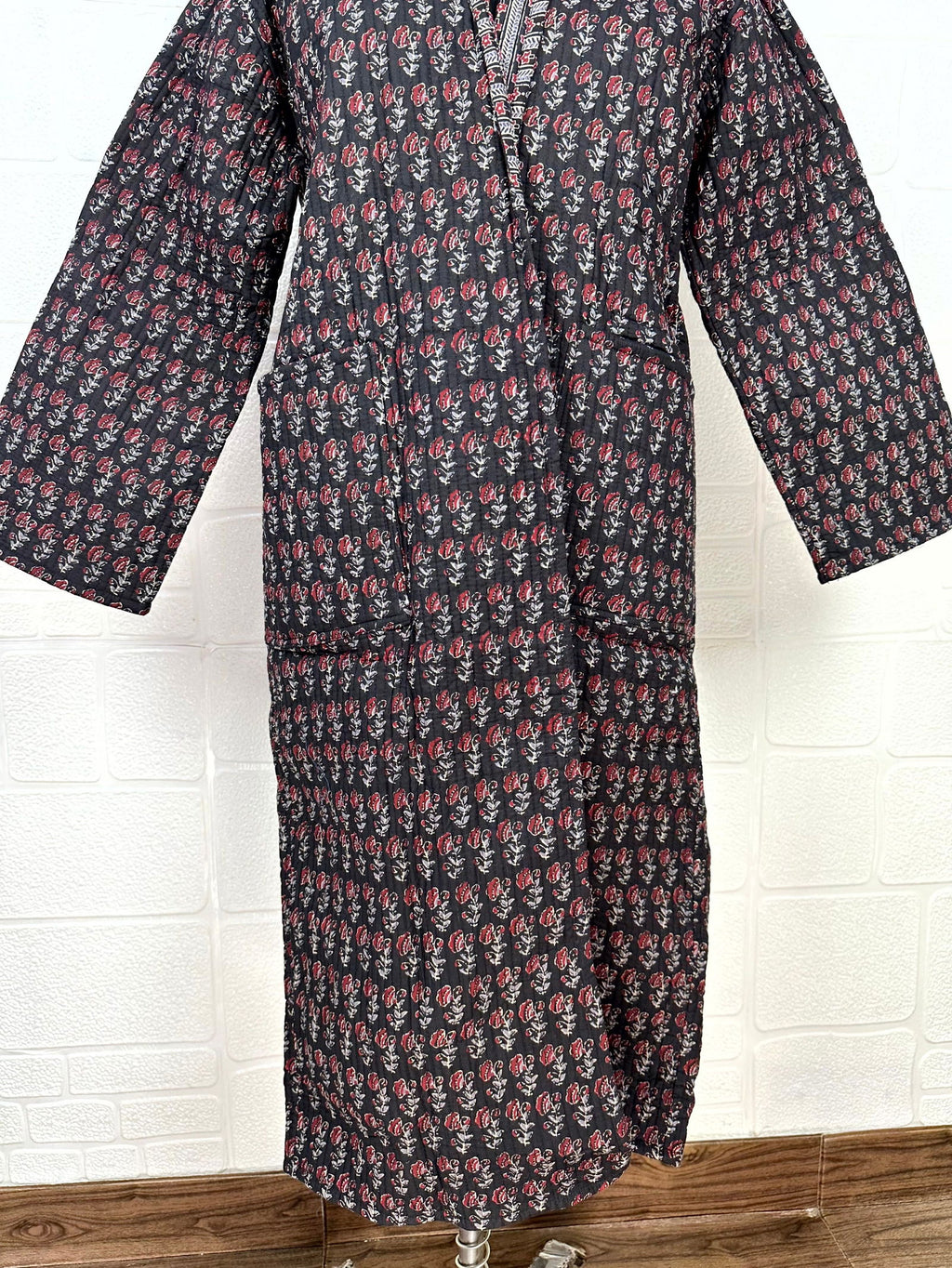Unisex reversible Kantha-stitched block-printed Cotton Kimono Robe in green striped