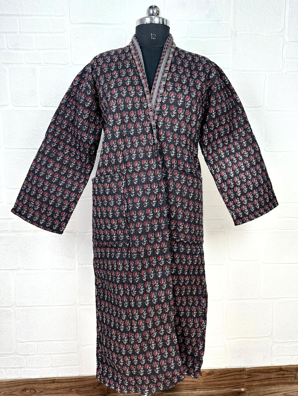 Unisex reversible Kantha-stitched block-printed Cotton Kimono Robe in green striped