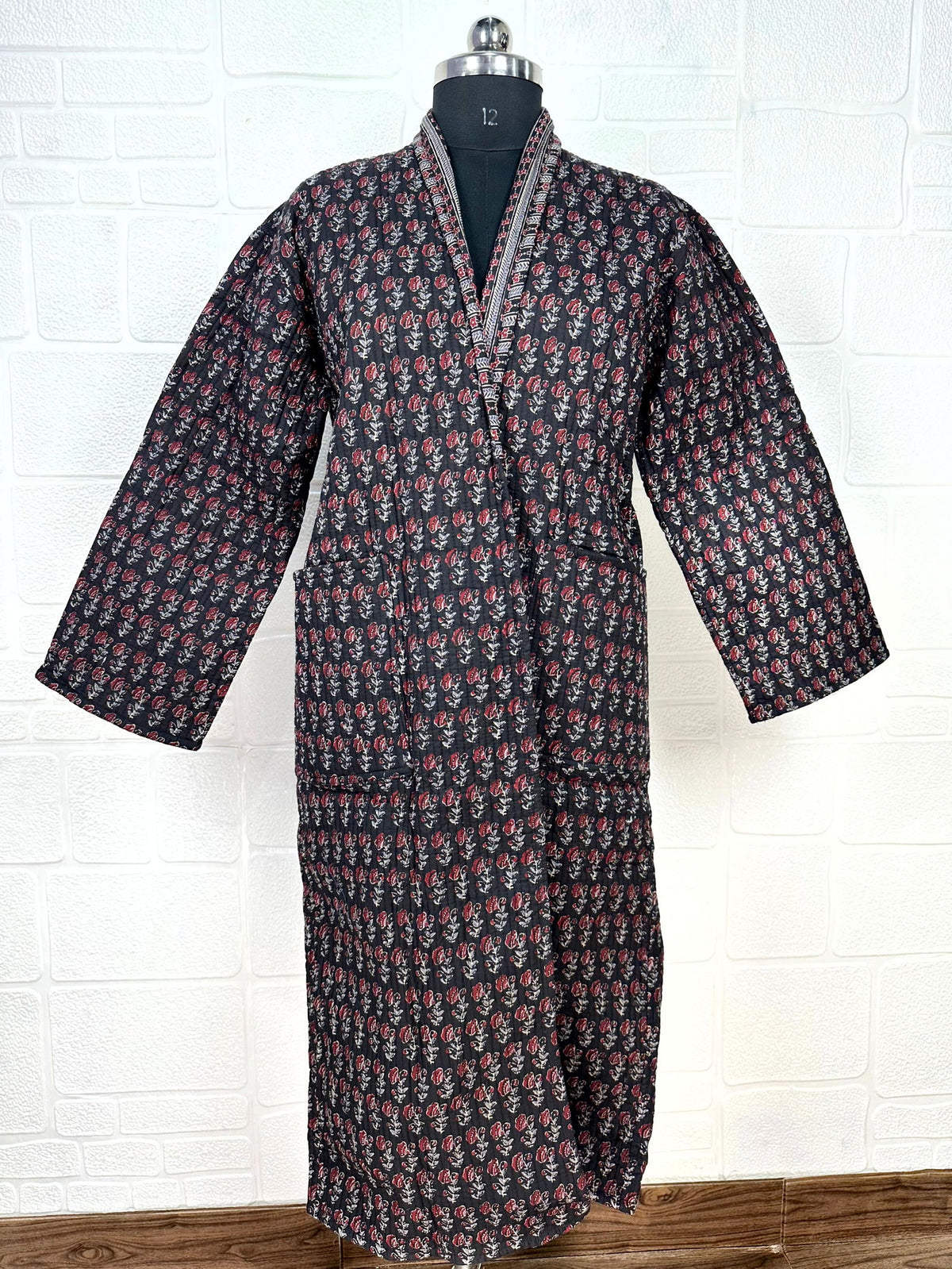 Unisex reversible Kantha-stitched block-printed Cotton Kimono Robe in green striped