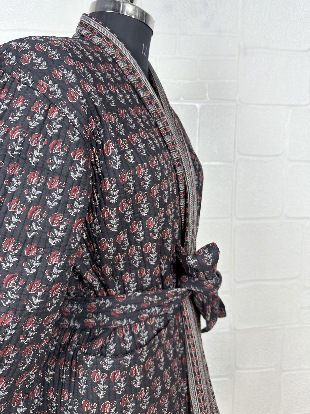 Unisex reversible Kantha-stitched block-printed Cotton Kimono Robe in green striped