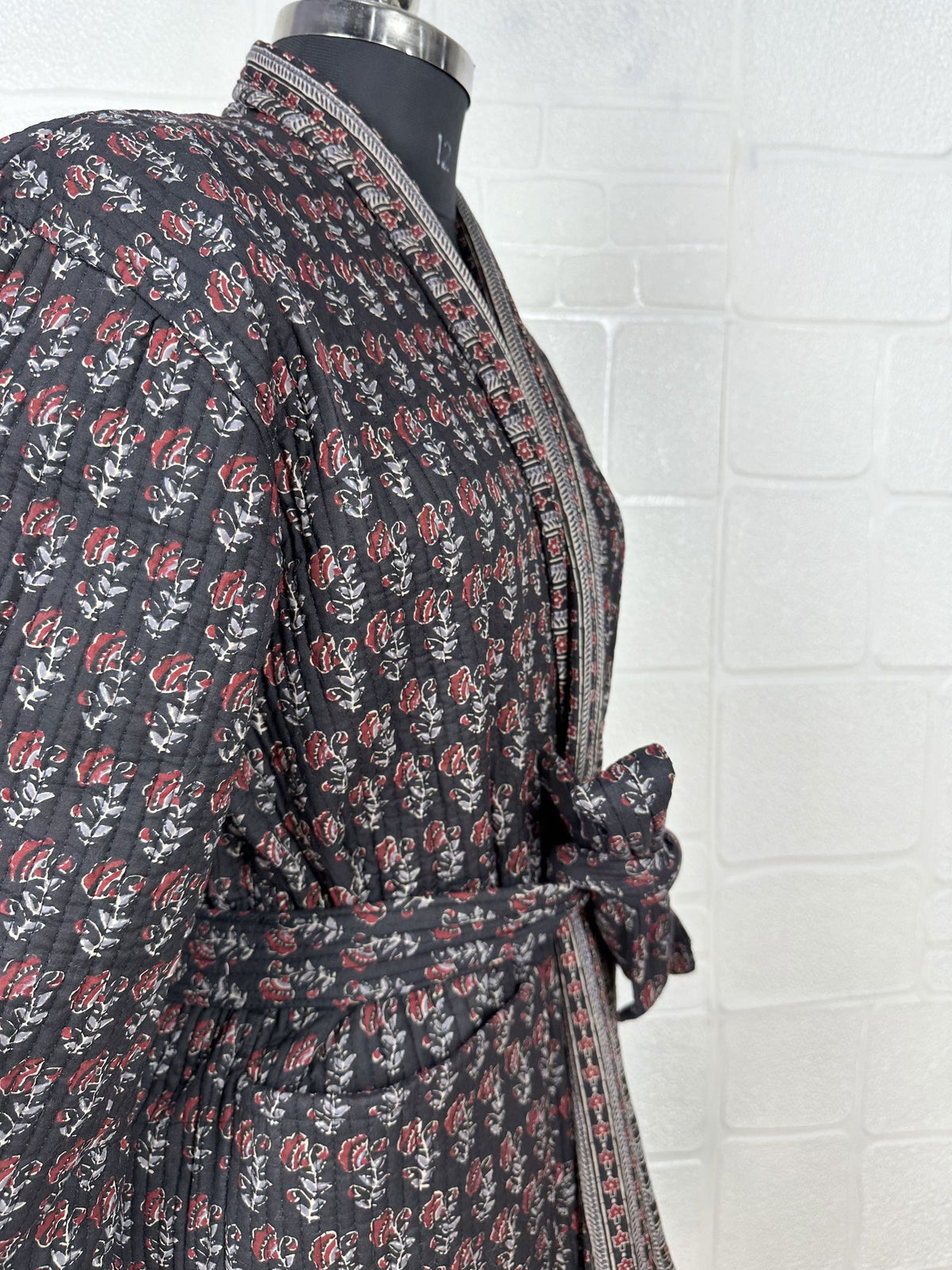 Unisex reversible Kantha-stitched block-printed Cotton Kimono Robe in green striped