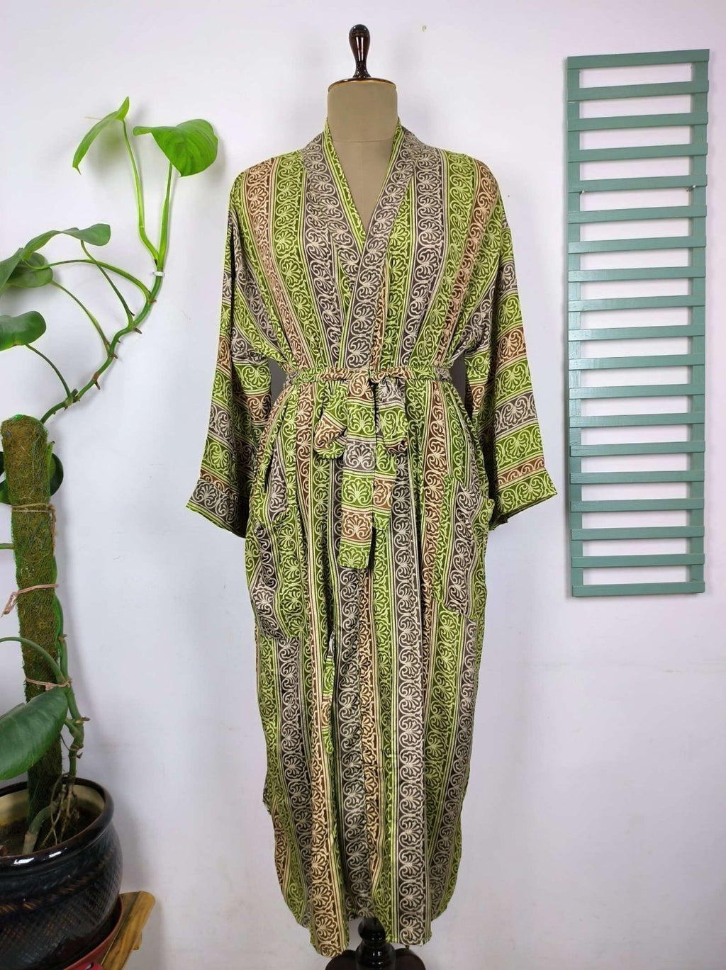 Recycled Silk Kimono Robe in gray green striped
