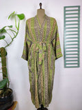 Recycled Silk Kimono Robe in gray green striped