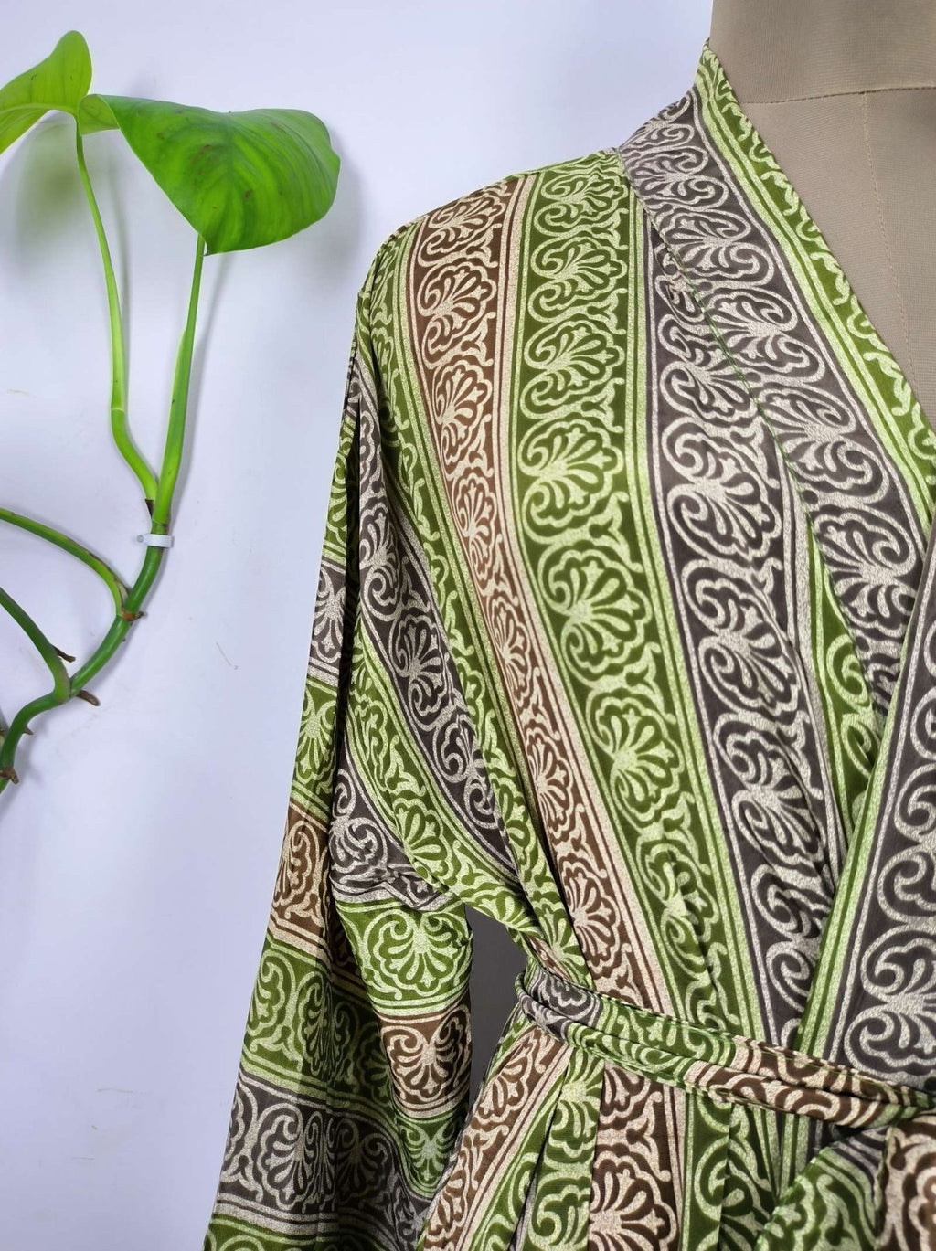 Recycled Silk Kimono Robe in gray green striped