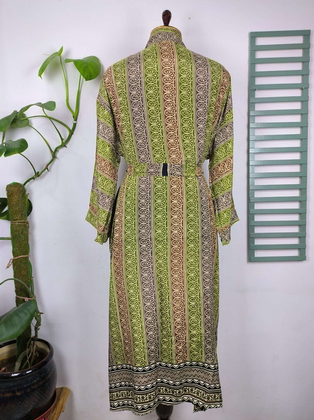 Recycled Silk Kimono Robe in gray green striped