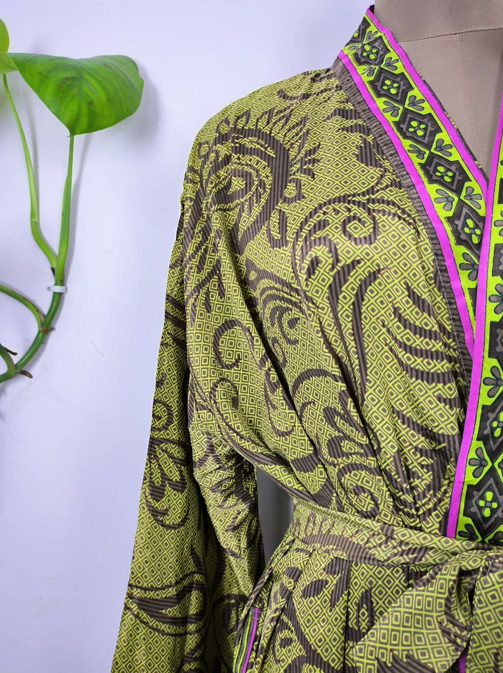 Recycled Silk Kimono Robe in green paisley