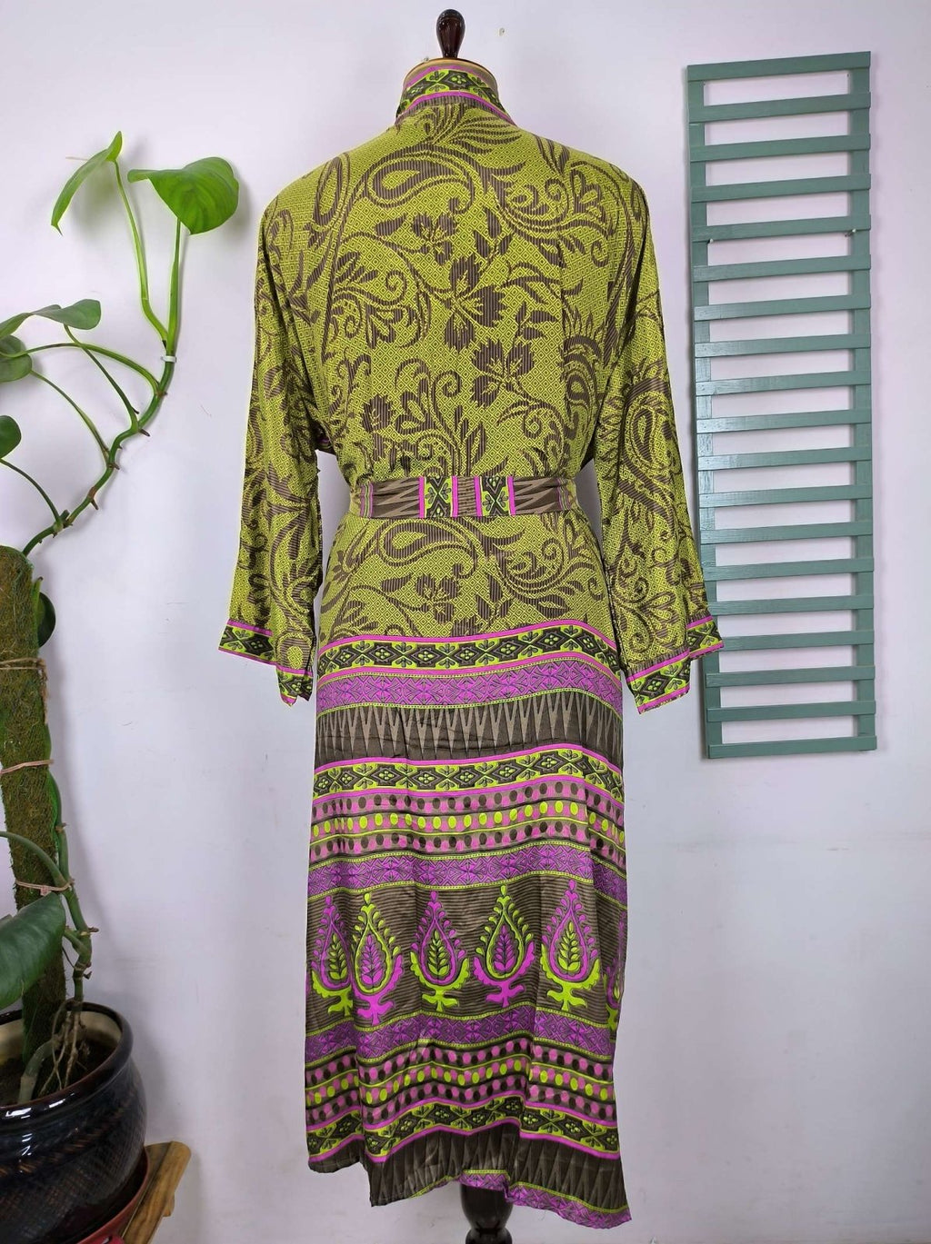 Recycled Silk Kimono Robe in green paisley