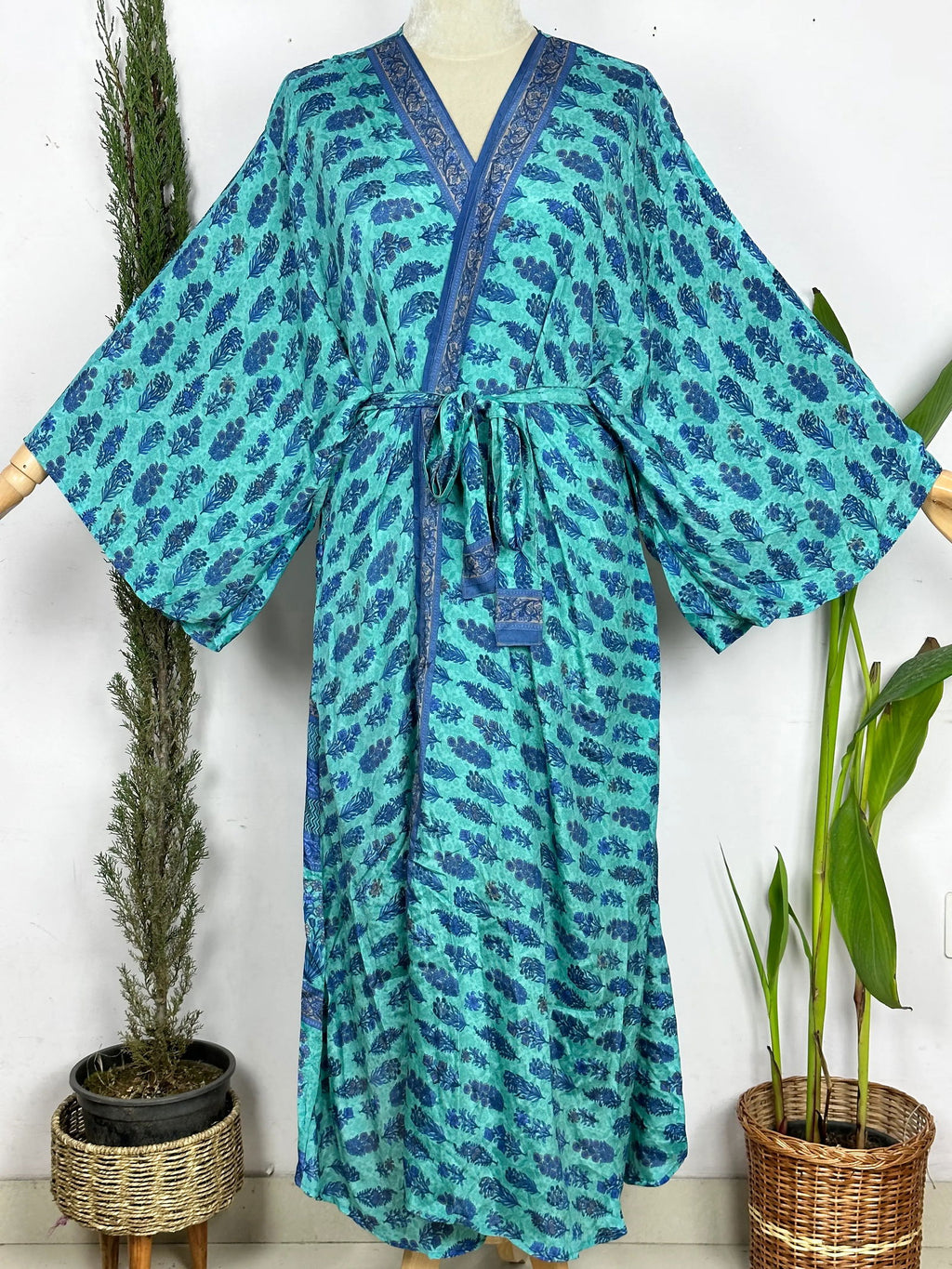 Women's Recycled Silk Long Kimono Robe in aqua blue floral