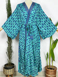 Women's Recycled Silk Long Kimono Robe in aqua blue floral