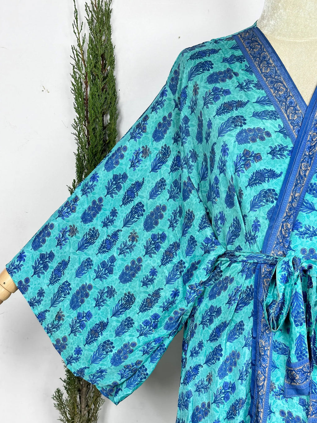 Women's Recycled Silk Long Kimono Robe in aqua blue floral