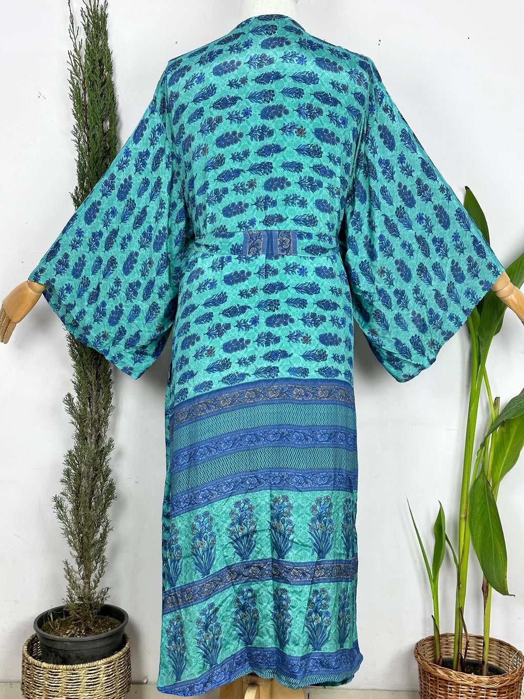 Women's Recycled Silk Long Kimono Robe in aqua blue floral