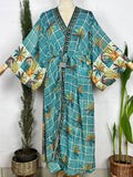Women's Recycled Silk Long Kimono Robe in blue floral