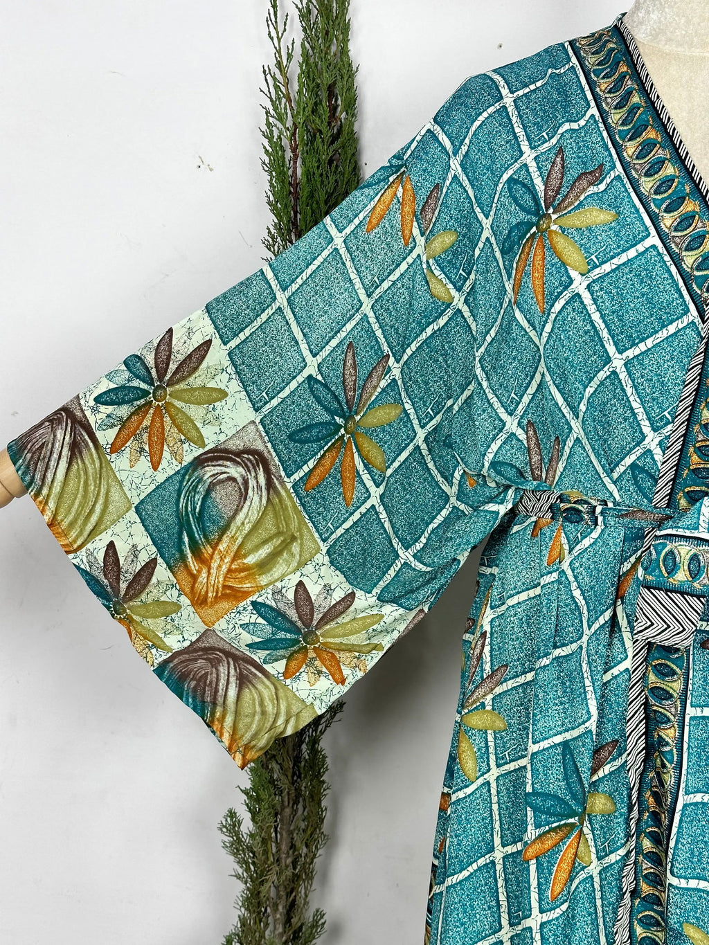 Women's Recycled Silk Long Kimono Robe in blue floral