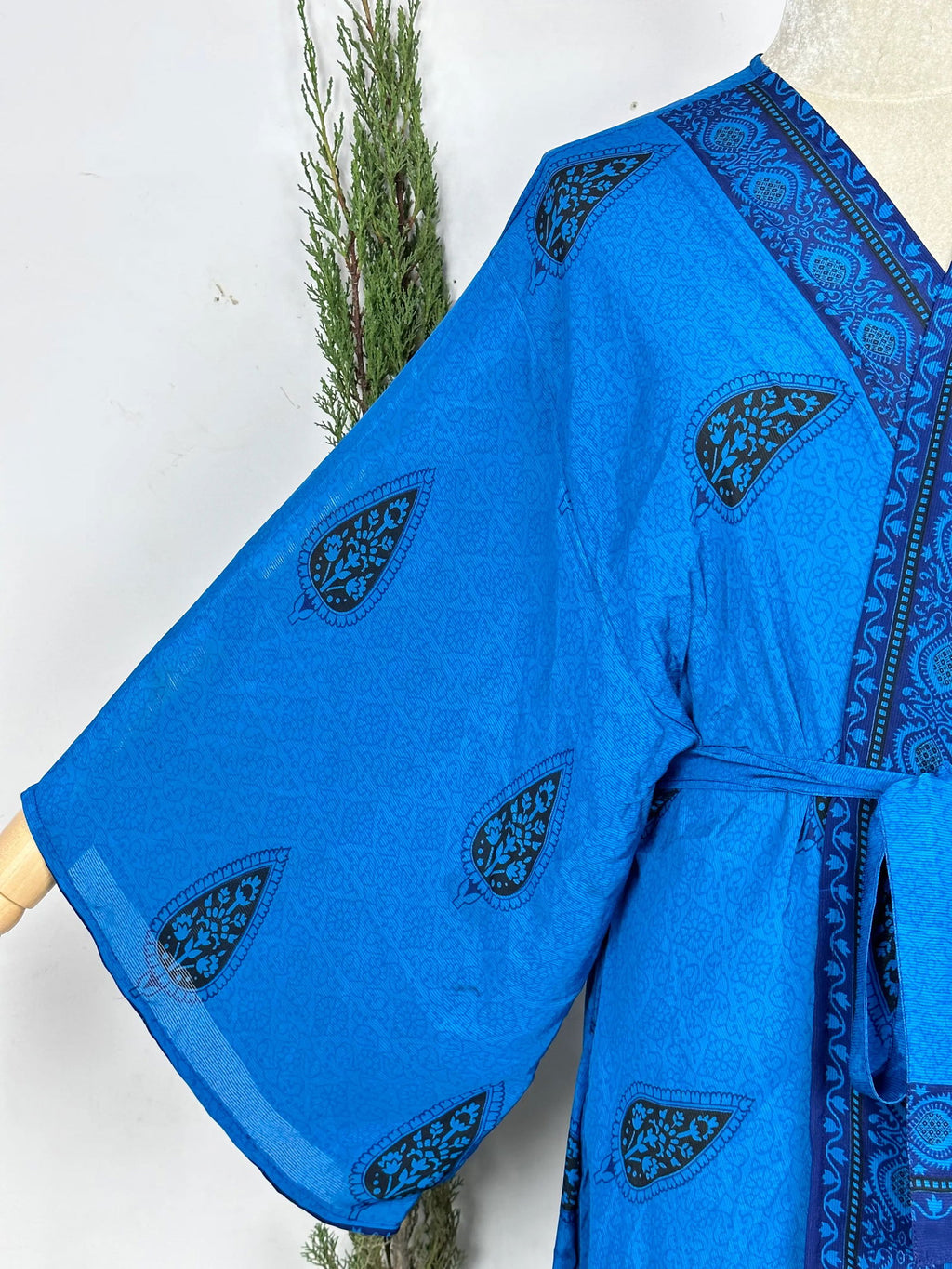 Women's Recycled Silk Long Kimono Robe in blue