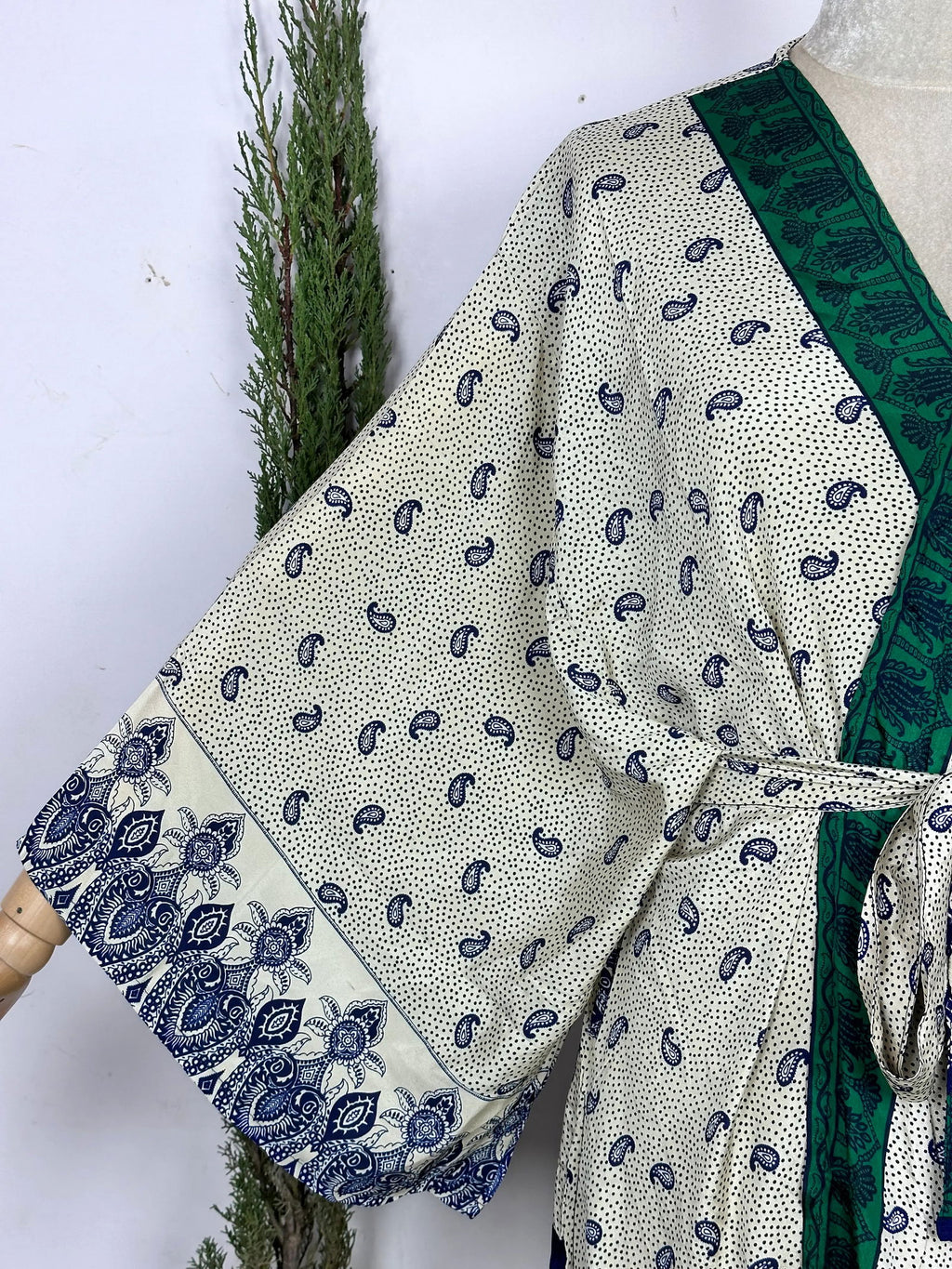 Women's Recycled Silk Long Kimono Robe in paisley