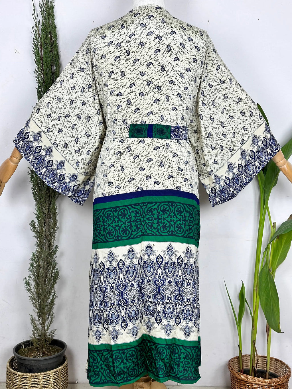Women's Recycled Silk Long Kimono Robe in paisley