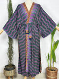 Women's Recycled Silk Long Kimono Robe in pink geometric