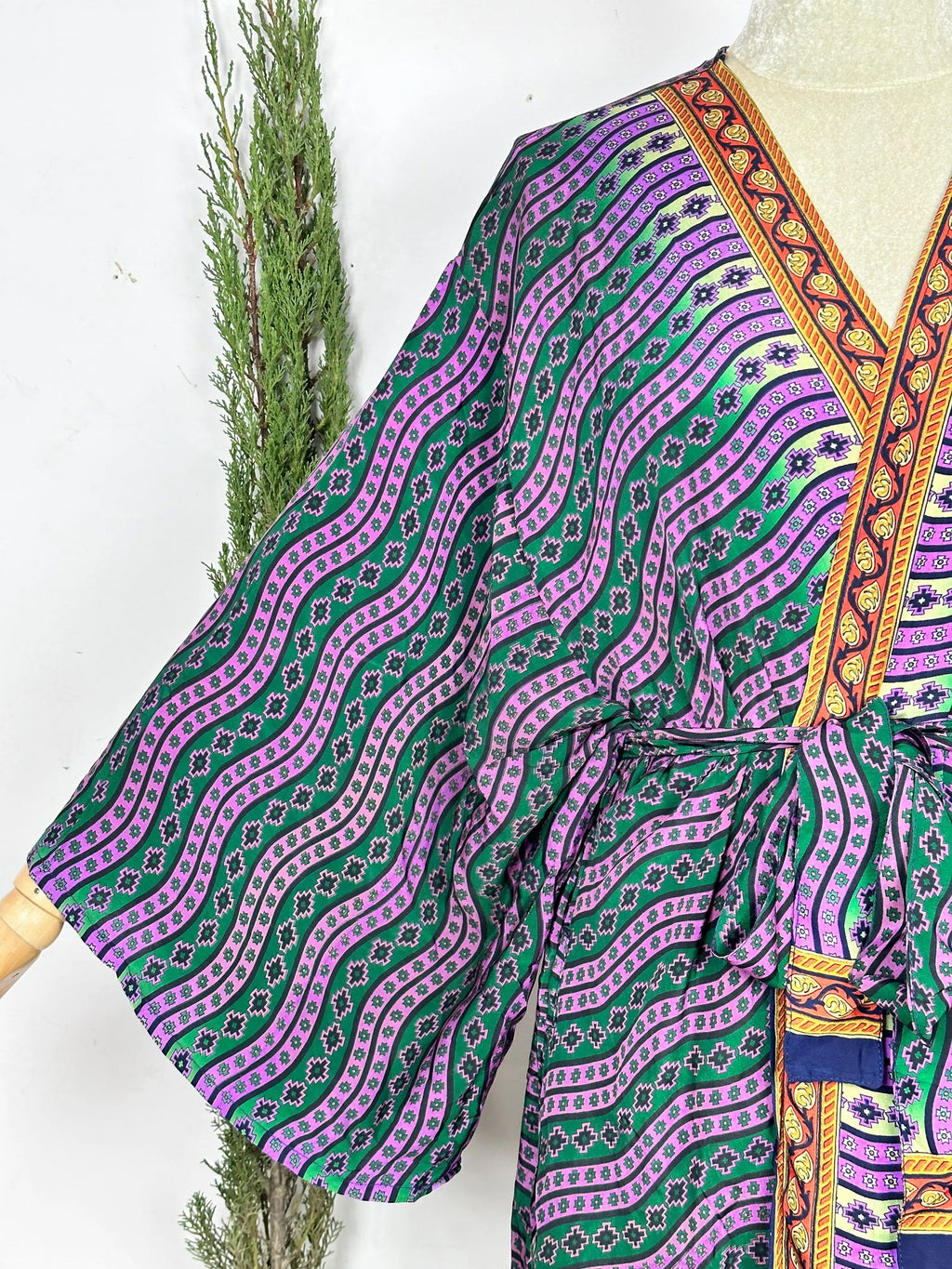 Women's Recycled Silk Long Kimono Robe in pink geometric