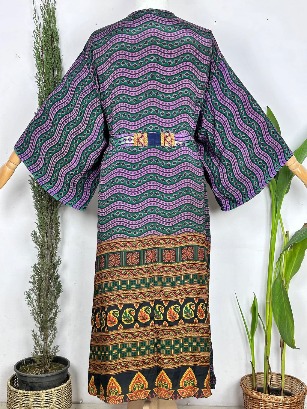 Women's Recycled Silk Long Kimono Robe in pink geometric