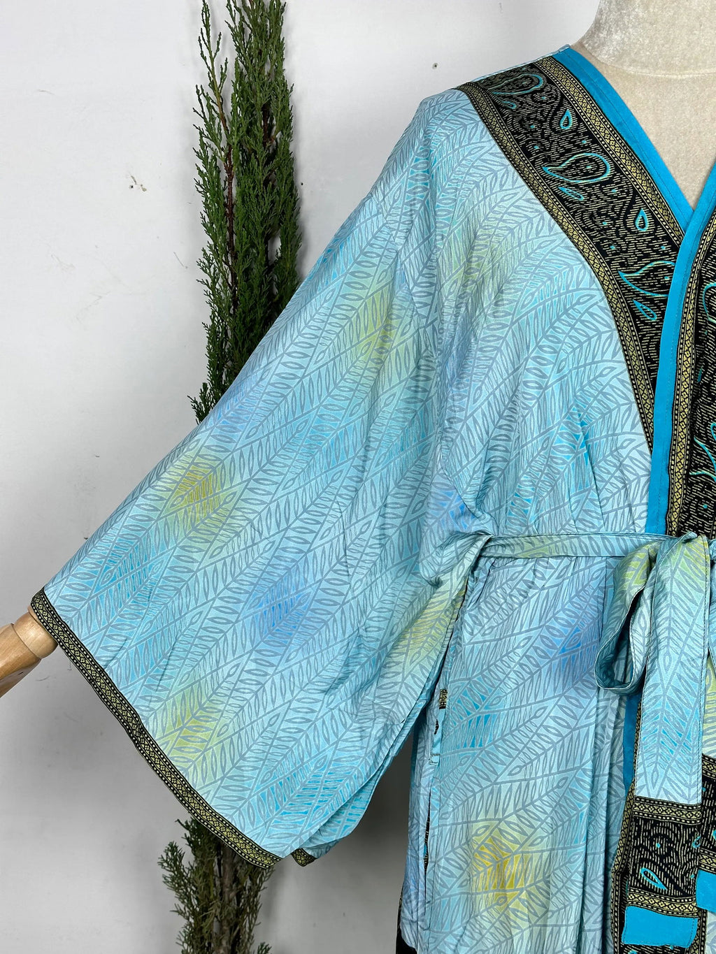 Women's Recycled Silk Long Kimono Robe in blue floral