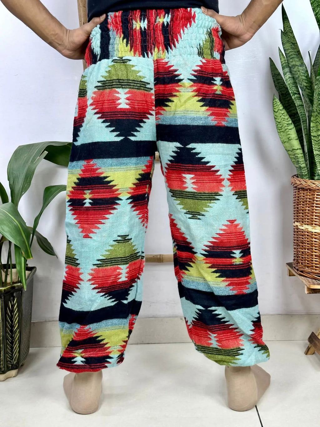 Unisex Yak Wool Blend Harem Pants in geometric