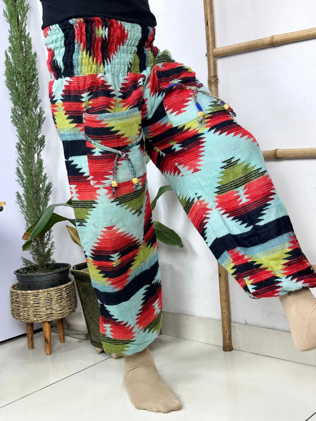 Unisex Yak Wool Blend Harem Pants in geometric