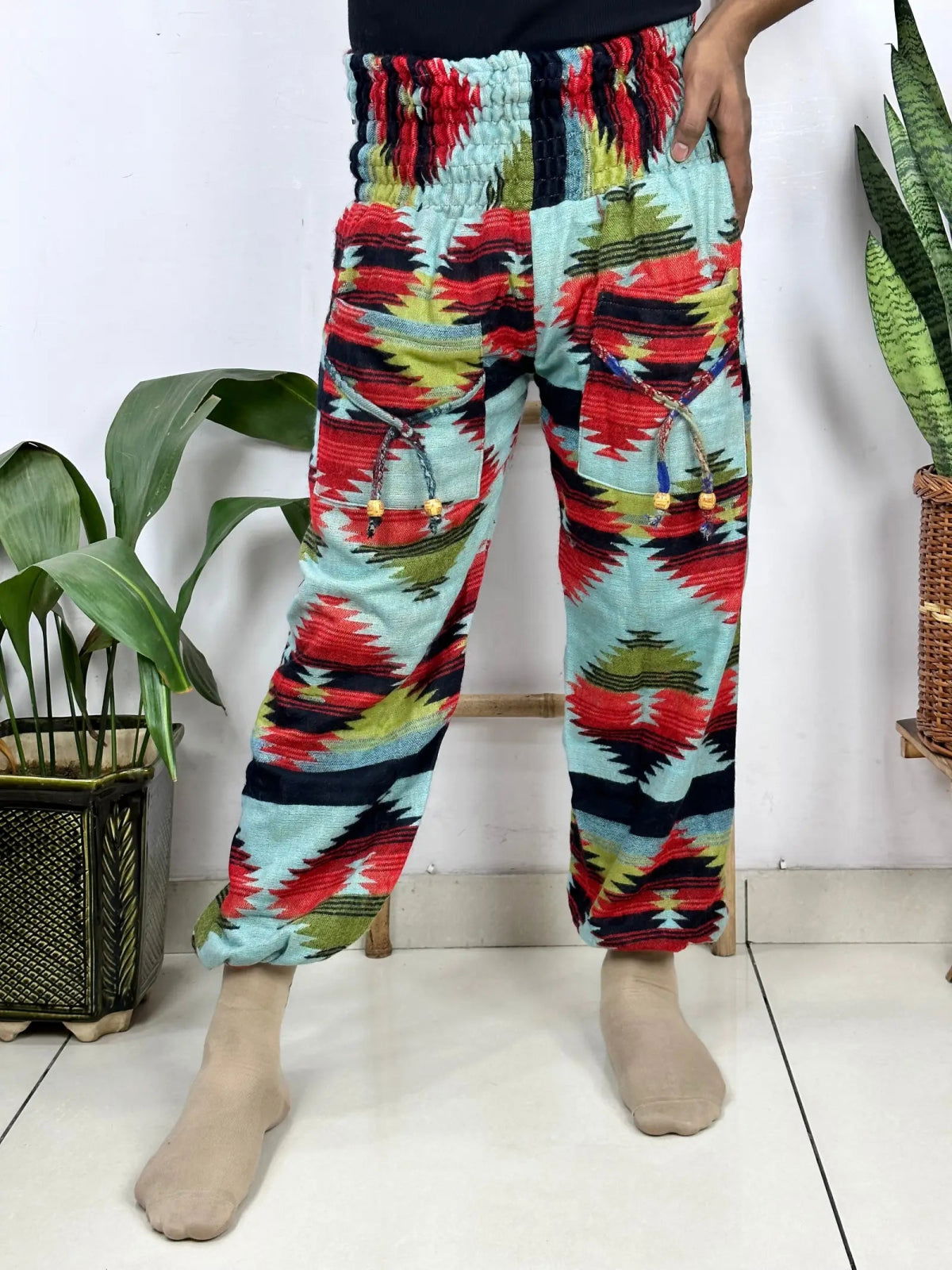 Unisex Yak Wool Blend Harem Pants in geometric