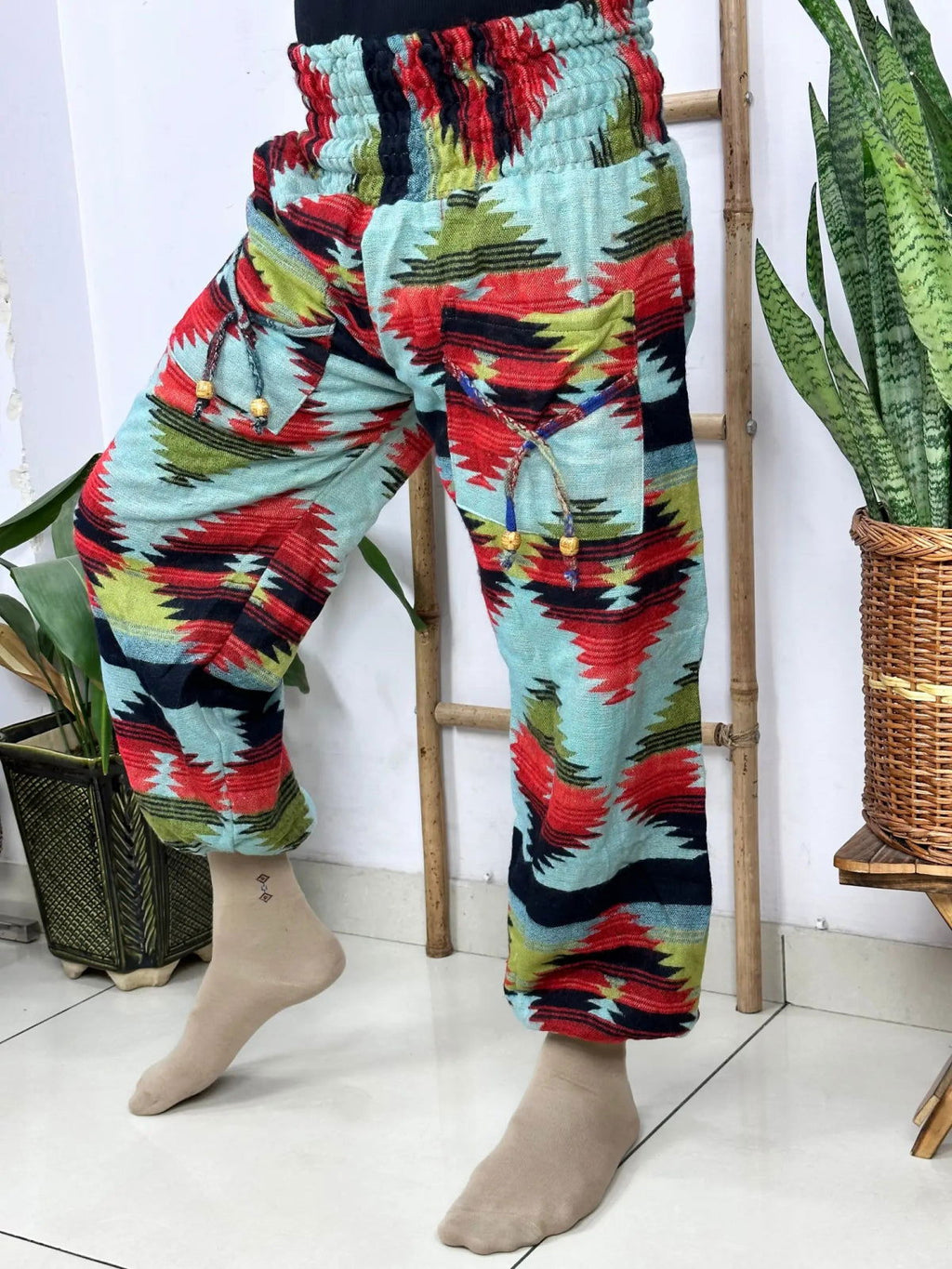 Unisex Yak Wool Blend Harem Pants in geometric