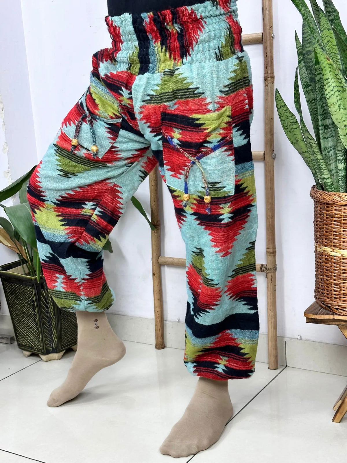 Unisex Yak Wool Blend Harem Pants in geometric