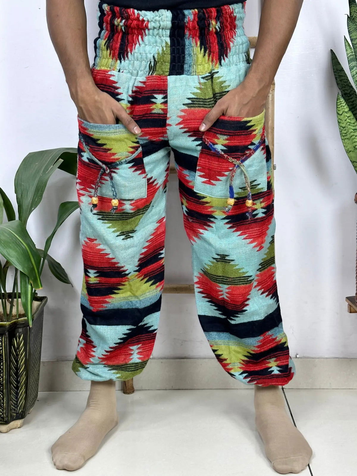 Unisex Yak Wool Blend Harem Pants in geometric