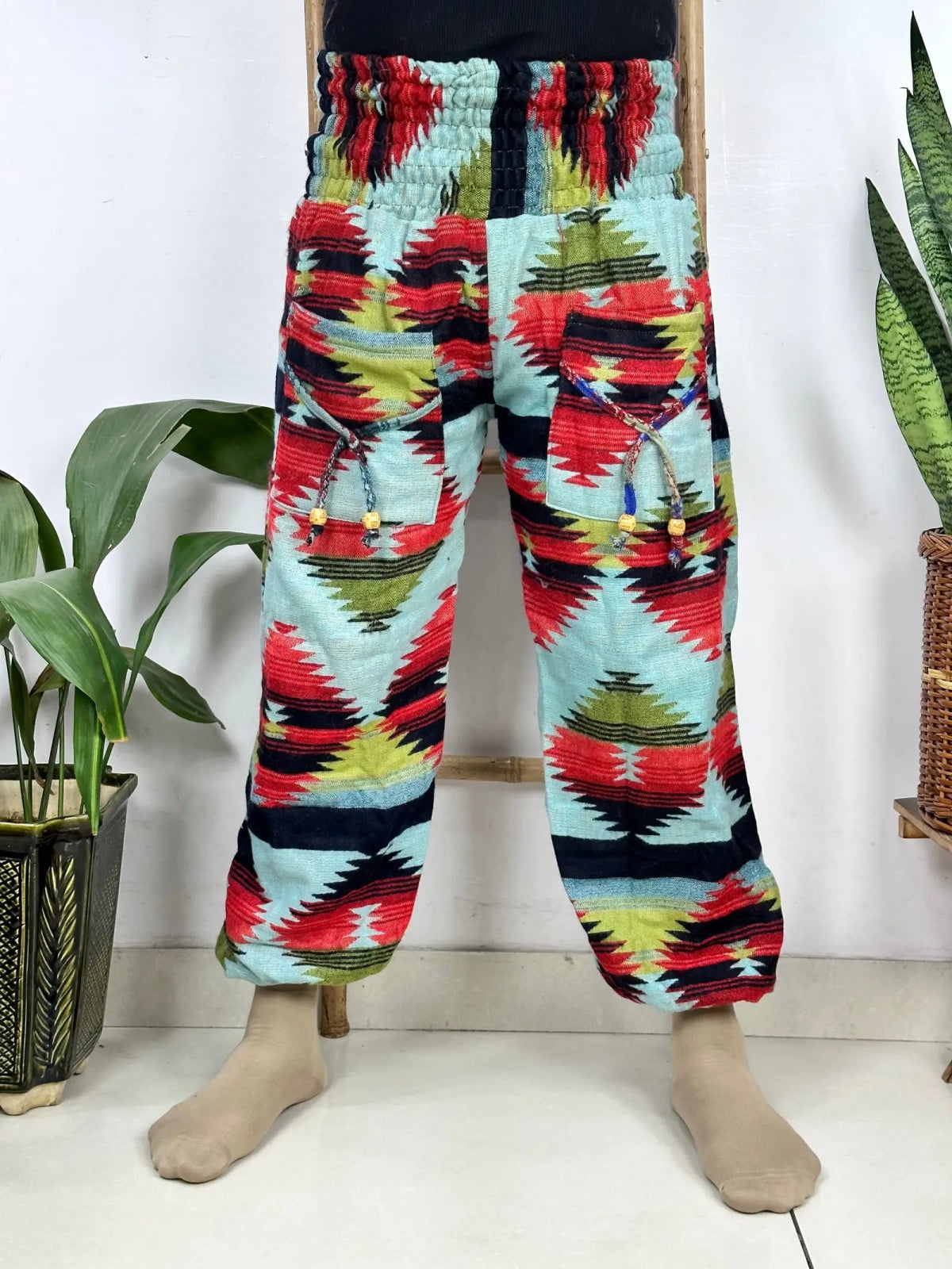 Unisex Yak Wool Blend Harem Pants in geometric