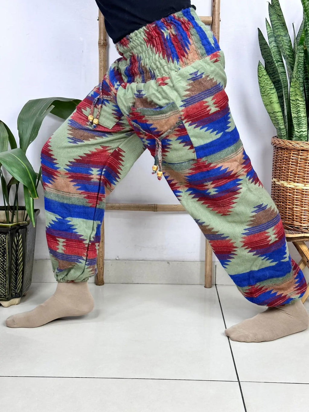 Unisex Yak Wool Blend Harem Pants in geometric