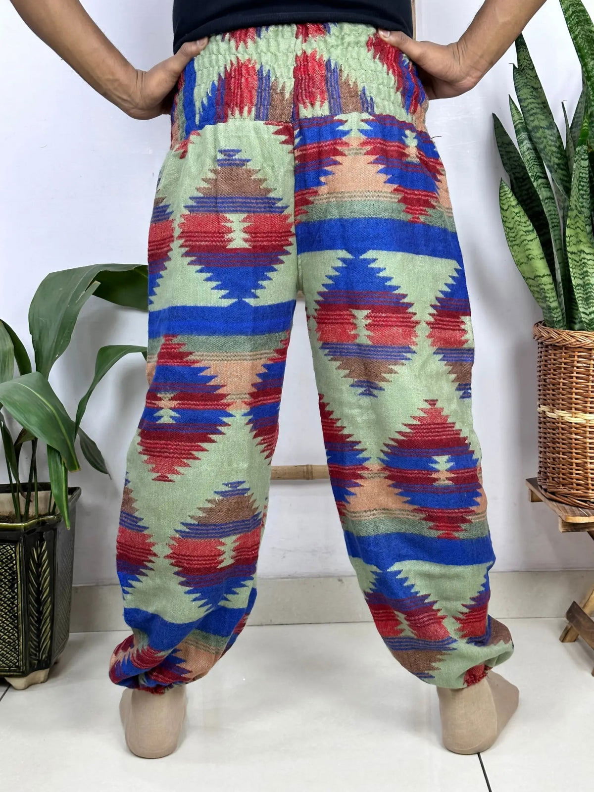 Unisex Yak Wool Blend Harem Pants in geometric