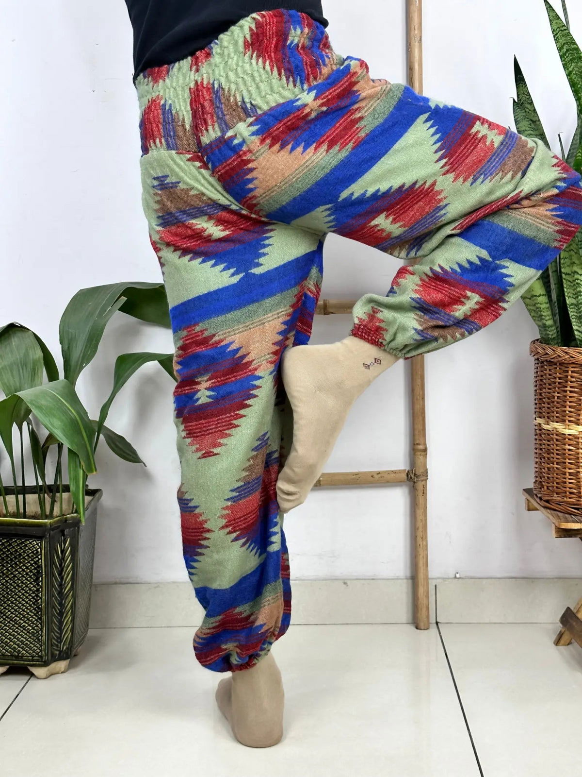 Unisex Yak Wool Blend Harem Pants in geometric
