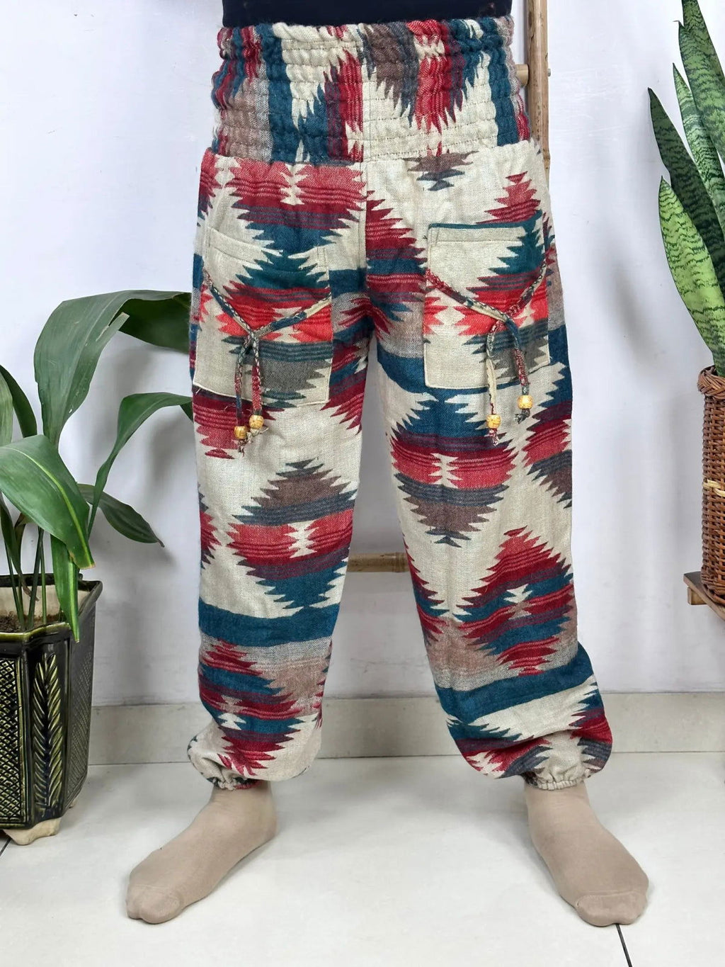 Unisex Yak Wool Blend Harem Pants in geometric