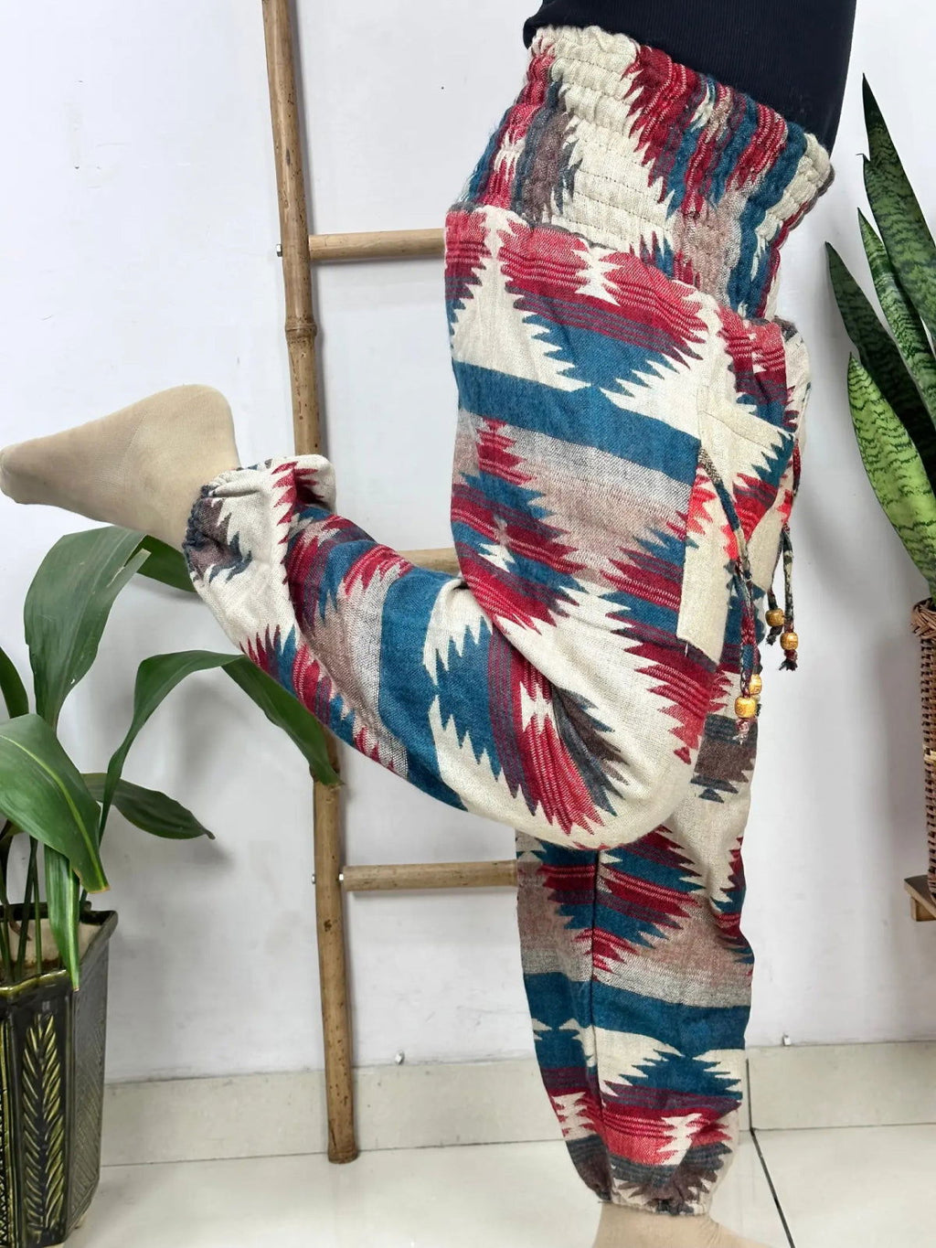 Unisex Yak Wool Blend Harem Pants in geometric