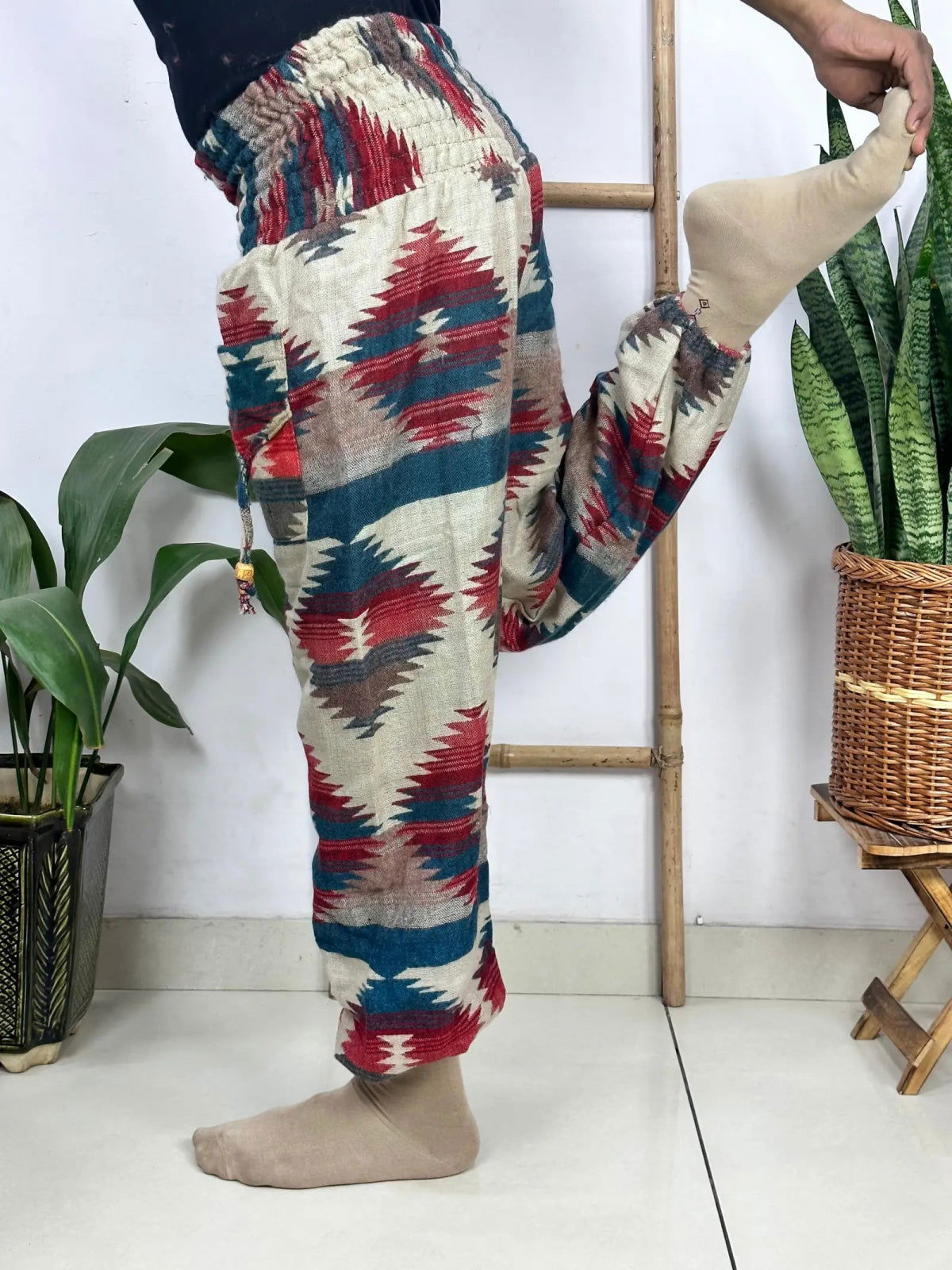 Unisex Yak Wool Blend Harem Pants in geometric